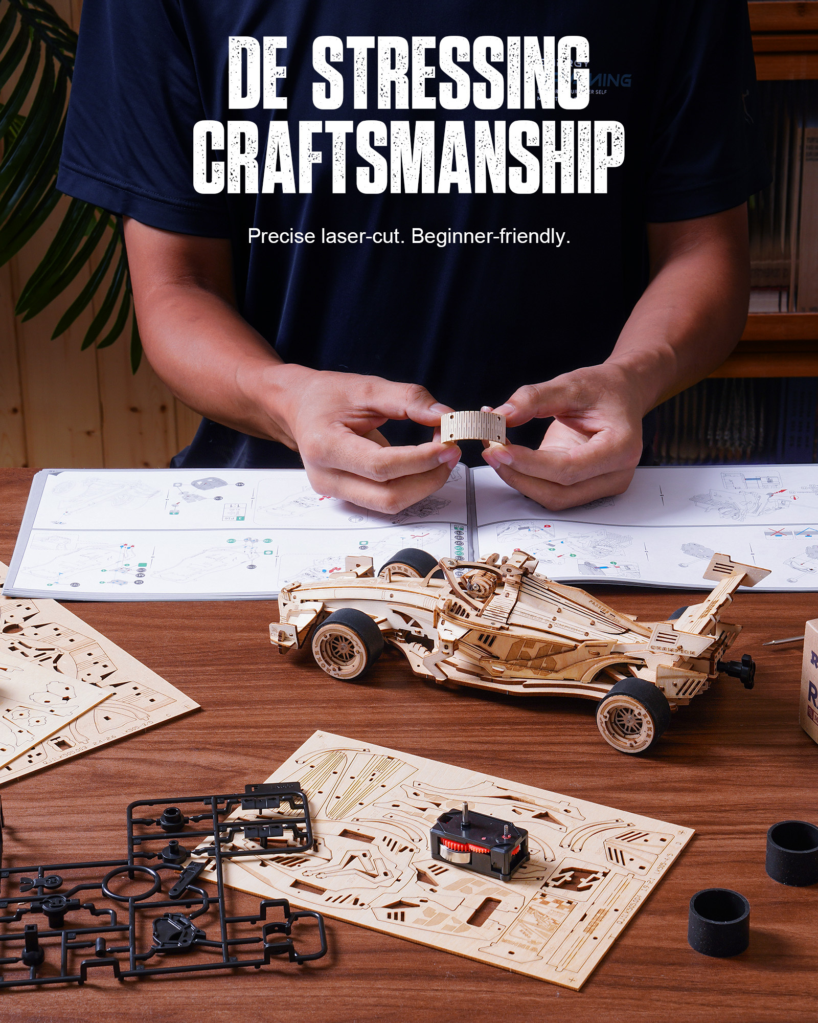 ROBOTIME 3D Wooden Puzzle Racing Car Model Kits With Mechanical Roaring Engine - Image 4