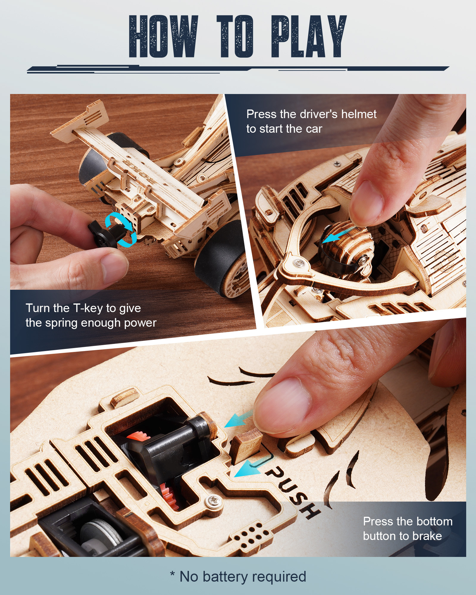 ROBOTIME 3D Wooden Puzzle Racing Car Model Kits With Mechanical Roaring Engine - Image 10