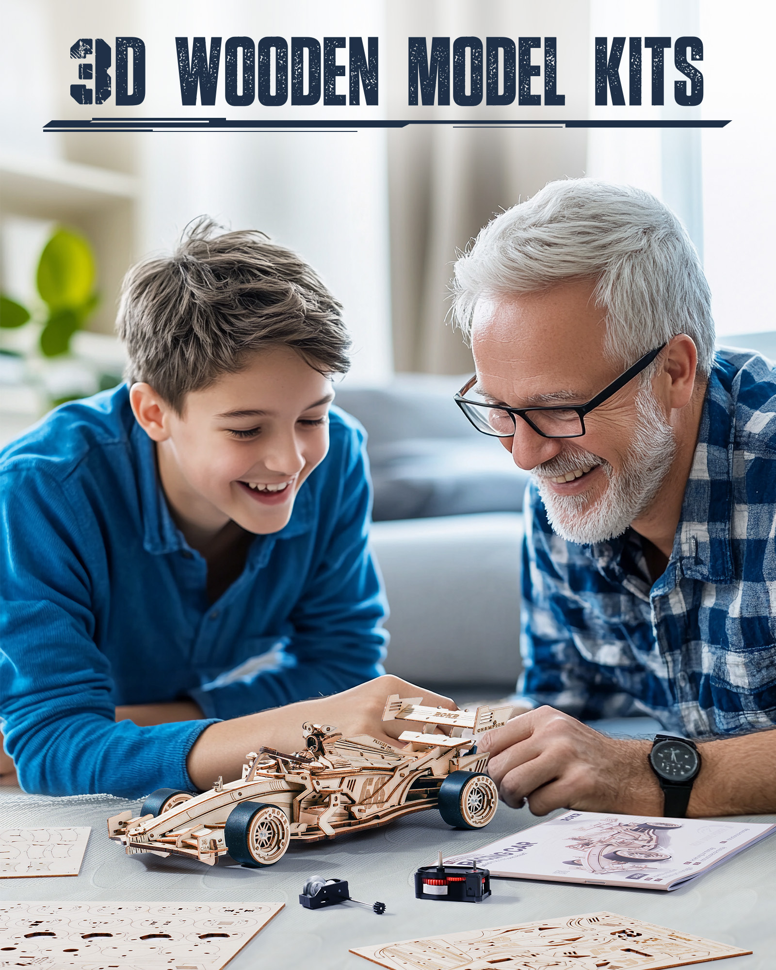 ROBOTIME 3D Wooden Puzzle Racing Car Model Kits With Mechanical Roaring Engine - Image 7
