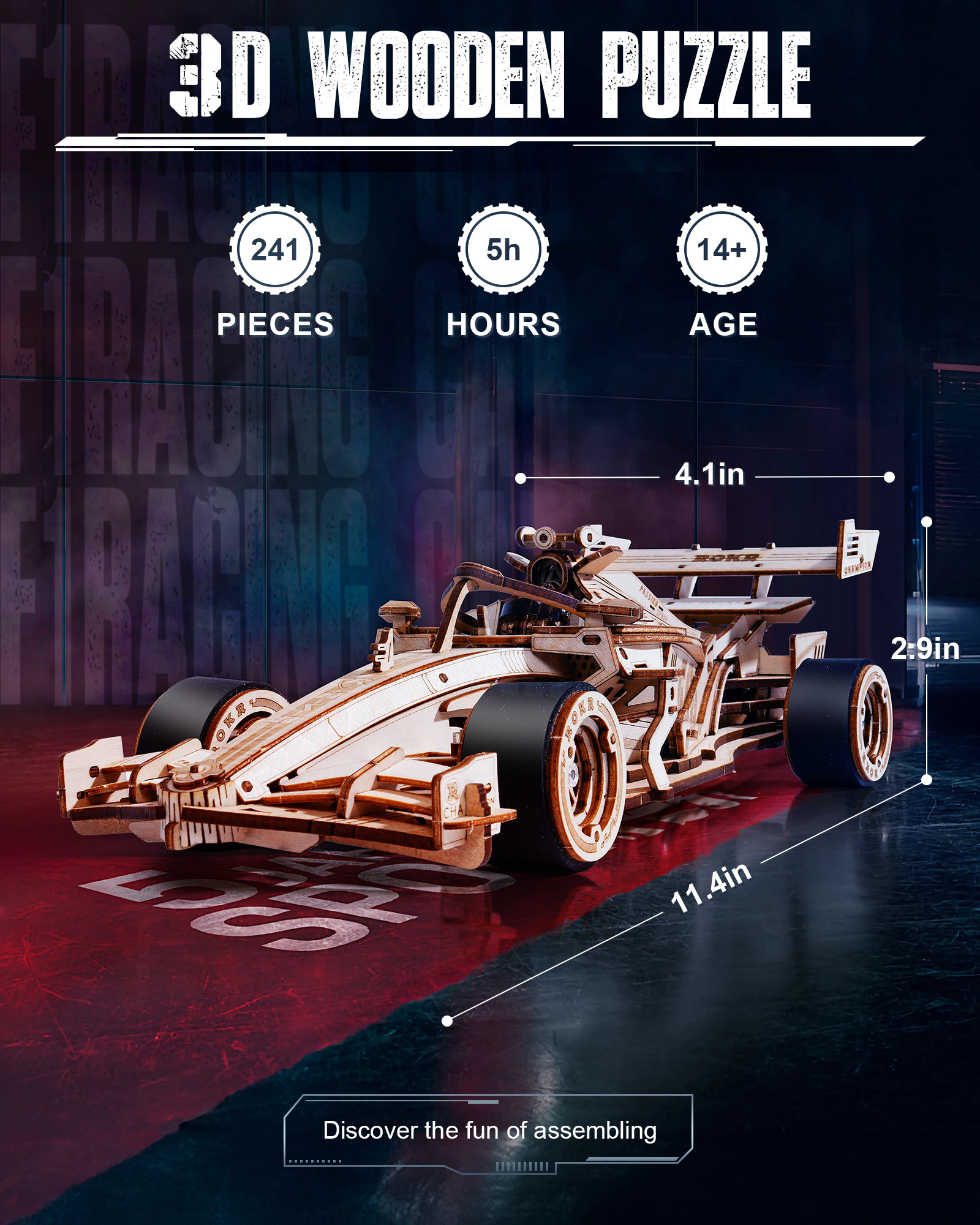 ROBOTIME 3D Wooden Puzzle Racing Car Model Kits With Mechanical Roaring Engine - Image 8