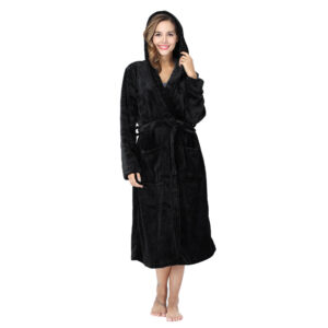 RONGTAI Womens Plush Fleece Hooded Bathrobe, Thick Nightgown Long Robe Sleepwear With Two Side Pockets And Belt