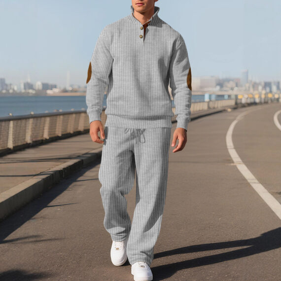 Mens Casual Trousers And Stand-collar Versatile Jacquard Ribbed Knit Top Autumn Outfit Set