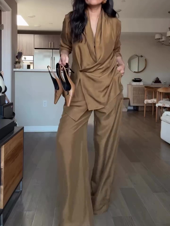 Wrap-style Satin Blouse And Wide-leg Pants Set - Image 5