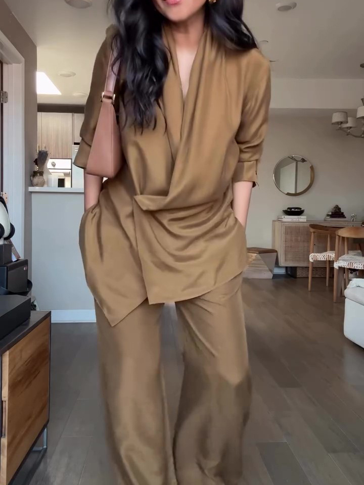 Wrap-style Satin Blouse And Wide-leg Pants Set - Image 2