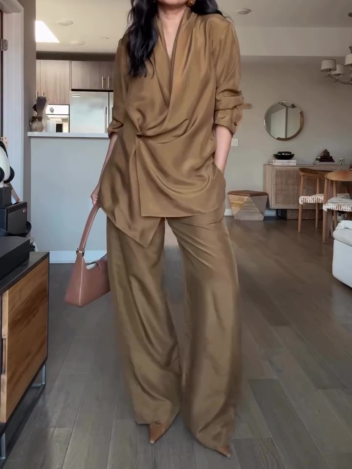Wrap-style Satin Blouse And Wide-leg Pants Set - Image 3