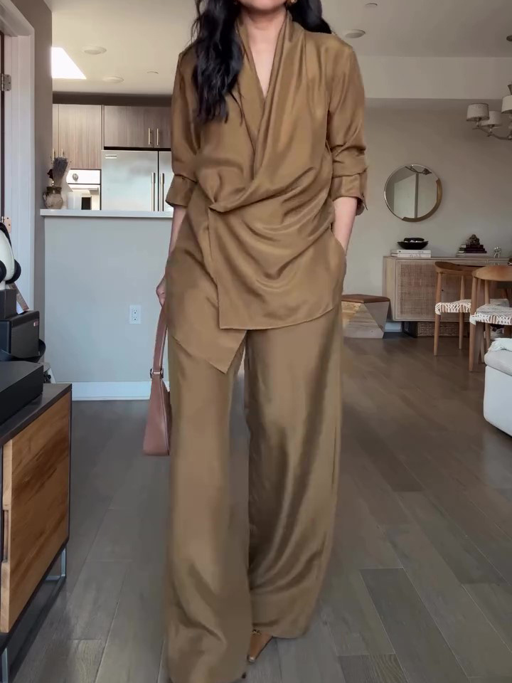 Wrap-style Satin Blouse And Wide-leg Pants Set - Image 4