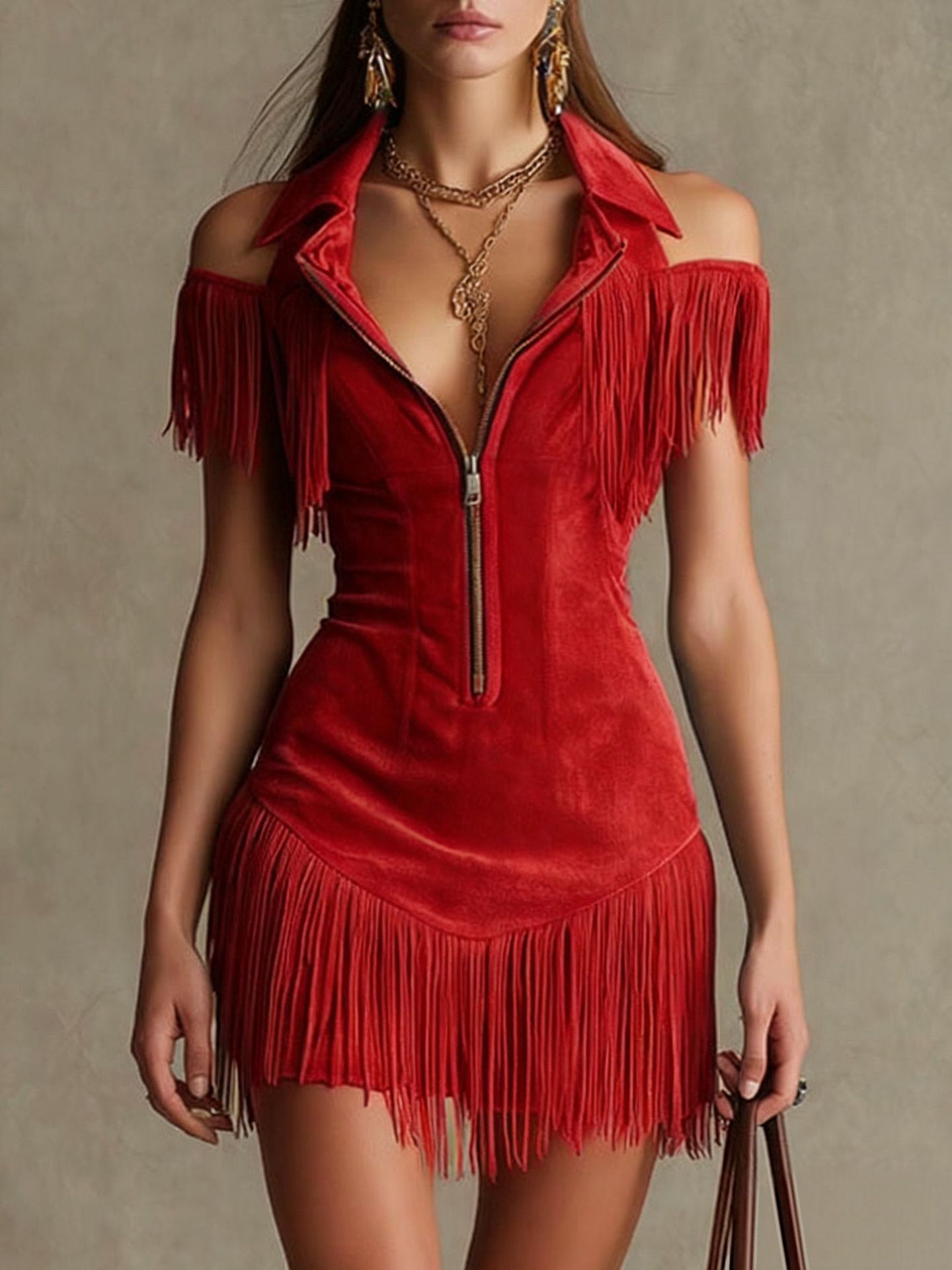 Retro Suede Tassel Off-Shoulder Dress - Image 10