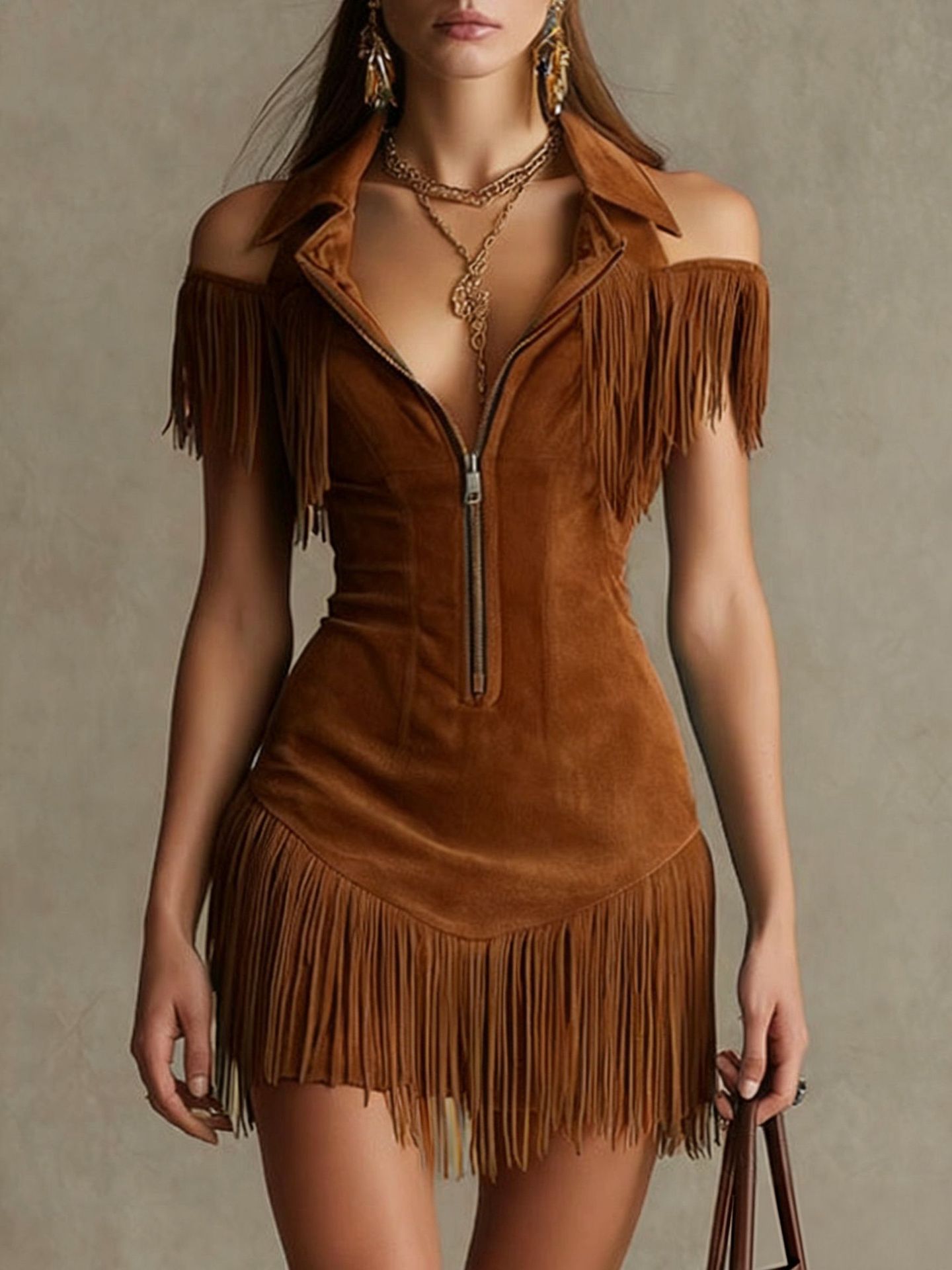 Retro Suede Tassel Off-Shoulder Dress - Image 8
